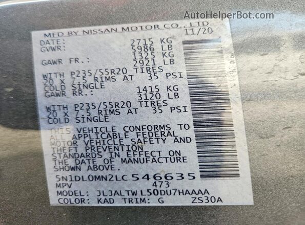5N1DL0MN2LC546635 2020 INFINITI QX60 Серый Вид наклейки с VIN-кодом