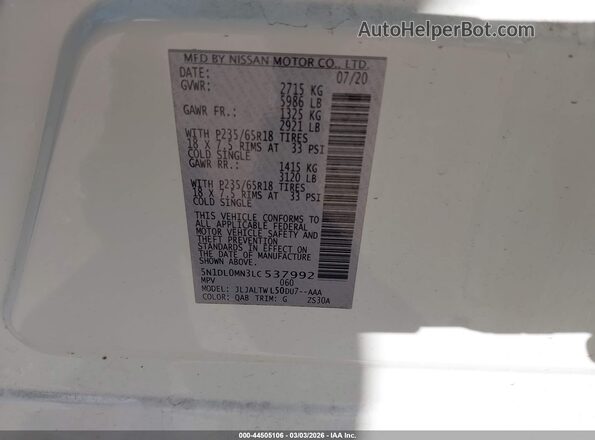 5N1DL0MN3LC537992 2020 INFINITI QX60 Белый Вид подкапотного пространства
