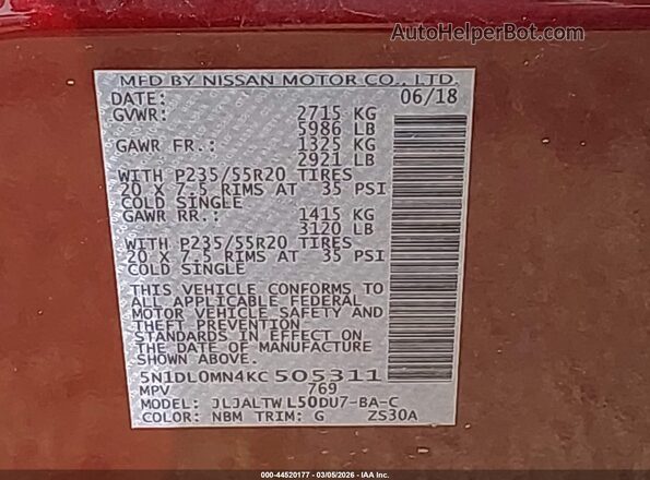5N1DL0MN4KC505311 2019 INFINITI QX60 Maroon Widok komory silnika