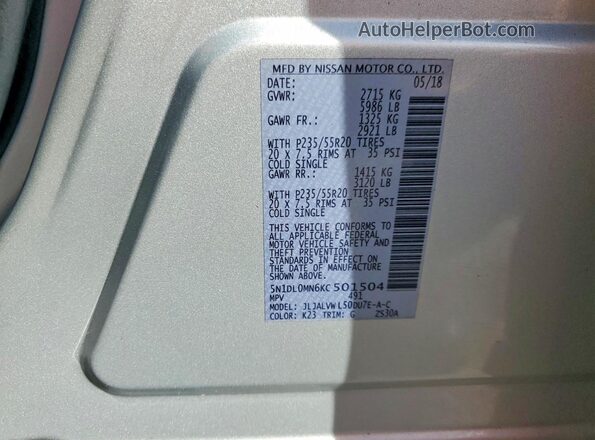 5N1DL0MN6KC501504 2019 INFINITI QX60 Silver Vista de la etiqueta del VIN