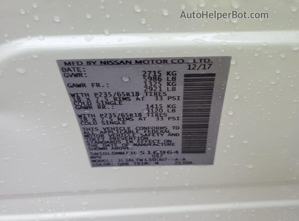 5N1DL0MN7JC516964 2018 INFINITI QX60 White Widok naklejki z numerem VIN