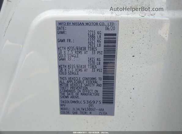 5N1DL0MN9LC536975 2020 INFINITI QX60 Белый Вид подкапотного пространства