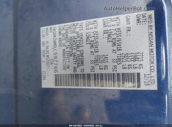 5N1DR2AM0LC597766 2020 NISSAN PATHFINDER Blue Widok komory silnika