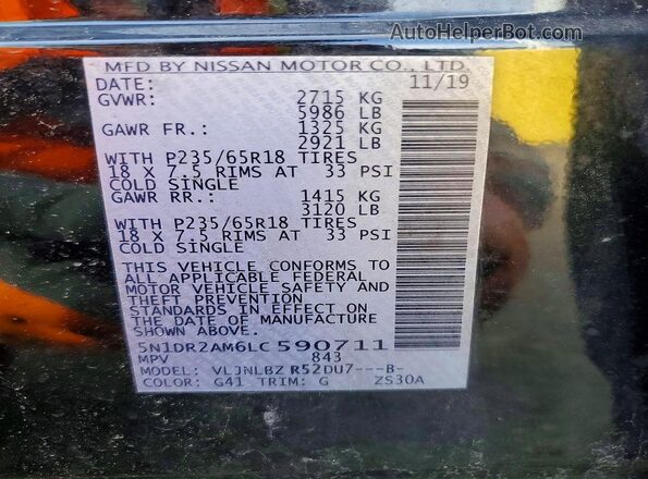 5N1DR2AM6LC590711 2020 NISSAN PATHFINDER Черный Вид наклейки с VIN-кодом
