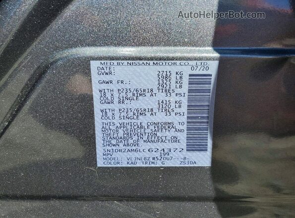 5N1DR2AM6LC624372 2020 NISSAN PATHFINDER Charcoal Widok naklejki z numerem VIN