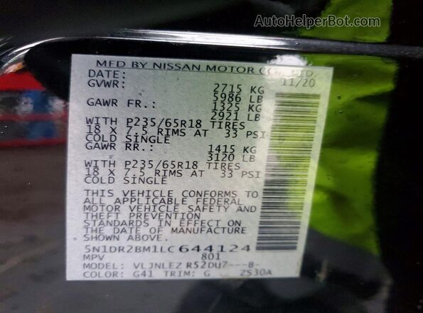 5N1DR2BM1LC644124 2020 NISSAN PATHFINDER Черный Вид наклейки с VIN-кодом