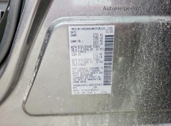 5N1DR2CM7LC603902 2020 NISSAN PATHFINDER Gray VIN sticker view