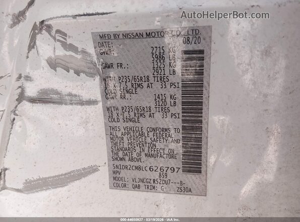 5N1DR2CM8LC626797 2020 NISSAN PATHFINDER White Widok komory silnika