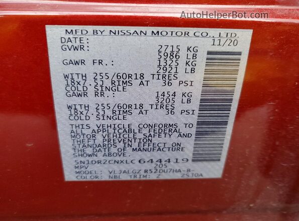 5N1DR2CNXLC644419 2020 NISSAN PATHFINDER Красный Вид наклейки с VIN-кодом