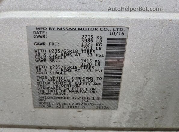 5N1DR2MM0HC628615 2017 NISSAN PATHFINDER Серебряный Вид наклейки с VIN-кодом