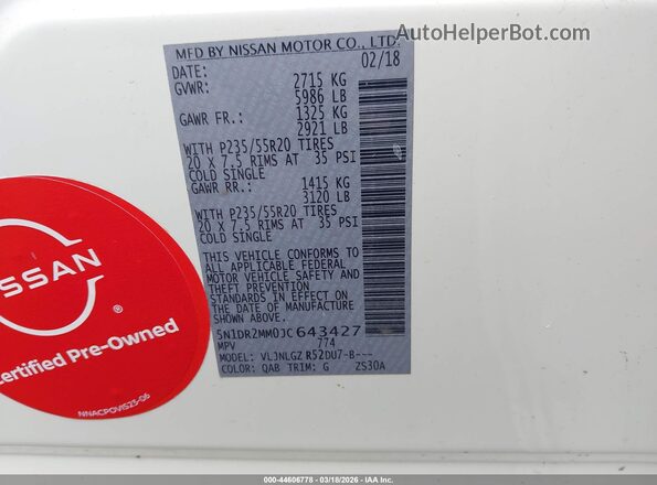 5N1DR2MM0JC643427 2018 NISSAN PATHFINDER Белый Вид подкапотного пространства