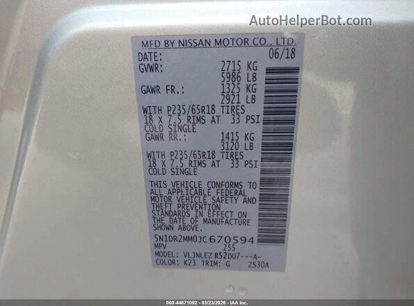 5N1DR2MM0JC670594 2018 NISSAN PATHFINDER Silver Vista del compartimento del motor