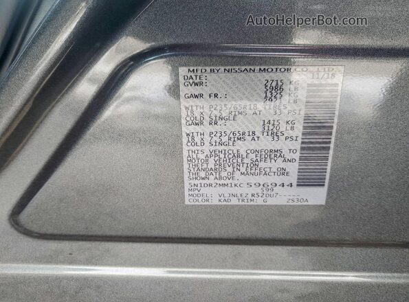 5N1DR2MM1KC596944 2019 NISSAN PATHFINDER Серый Вид наклейки с VIN-кодом