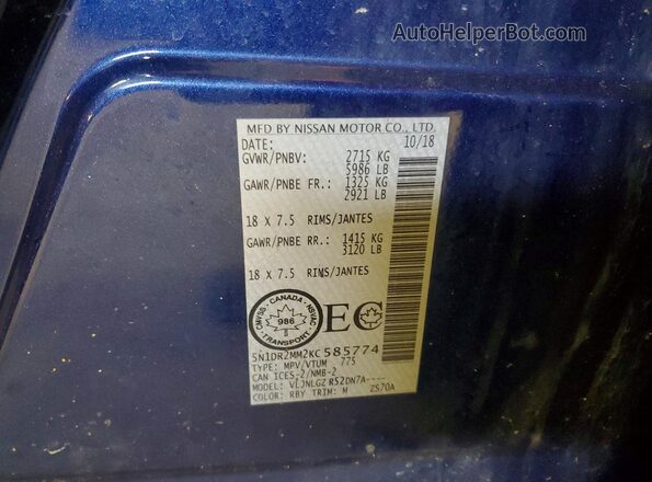 5N1DR2MM2KC585774 2019 NISSAN PATHFINDER Синий Вид наклейки с VIN-кодом