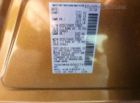5N1DR2MM3HC600274 2017 NISSAN PATHFINDER Золотой Вид наклейки с VIN-кодом