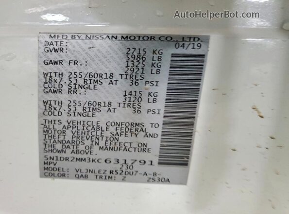5N1DR2MM3KC631791 2019 NISSAN PATHFINDER White Widok naklejki z numerem VIN