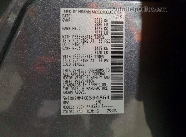 5N1DR2MM4KC594864 2019 NISSAN PATHFINDER Charcoal VIN კოდის სტიკერის ხედი