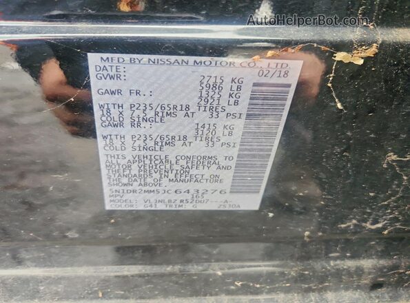 5N1DR2MM5JC643276 2018 NISSAN PATHFINDER Black Vista interior de 360 grados