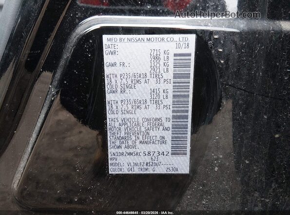 5N1DR2MM5KC587342 2019 NISSAN PATHFINDER Black Շարժիչի բաժամունքի տեսք