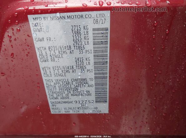 5N1DR2MM6HC912752 2017 NISSAN PATHFINDER Red Вид підкапотного простору
