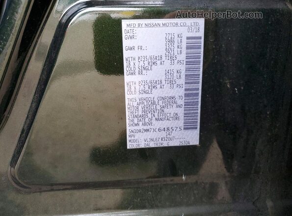 5N1DR2MM7JC648575 2018 NISSAN PATHFINDER Green VIN կոդի պիտակի տեսք