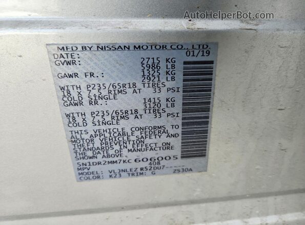 5N1DR2MM7KC606005 2019 NISSAN PATHFINDER Silver Vista de la etiqueta del VIN