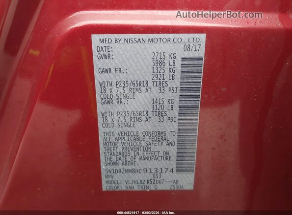 5N1DR2MM8HC913174 2017 NISSAN PATHFINDER Красный Вид подкапотного пространства