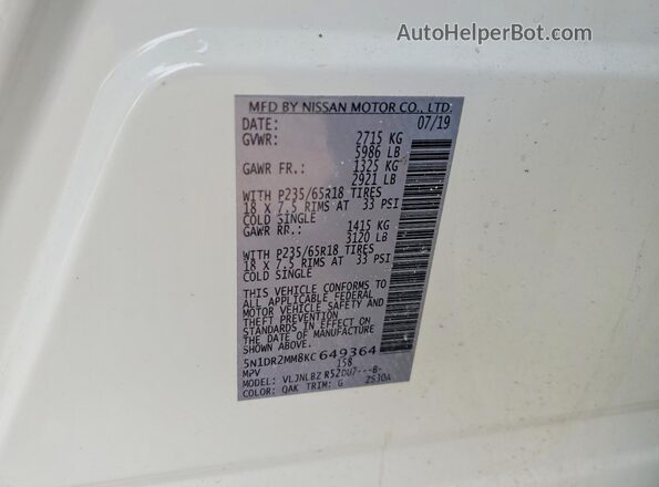 5N1DR2MM8KC649364 2019 NISSAN PATHFINDER Белый Вид наклейки с VIN-кодом