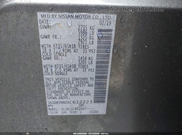 5N1DR2MN2KC612223 2019 NISSAN PATHFINDER Green Widok komory silnika