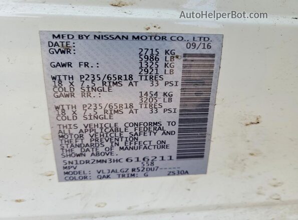 5N1DR2MN3HC616211 2017 NISSAN PATHFINDER White VIN կոդի պիտակի տեսք