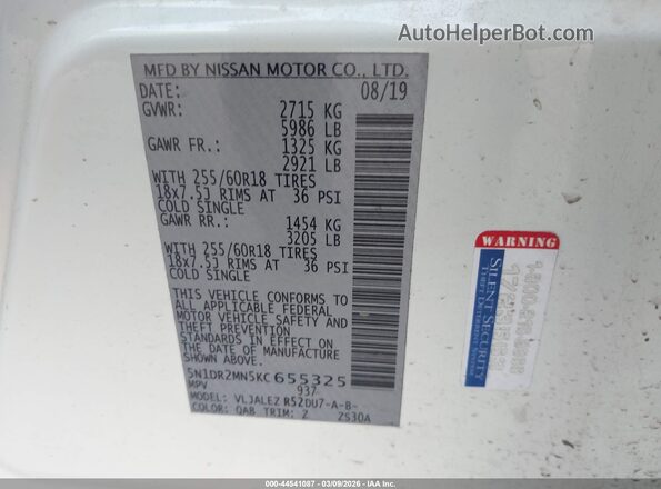 5N1DR2MN5KC655325 2019 NISSAN PATHFINDER Белый Вид подкапотного пространства