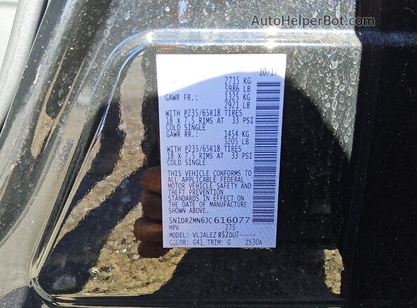 5N1DR2MN6JC616077 2018 NISSAN PATHFINDER Black Вид наклейки з VIN-кодом