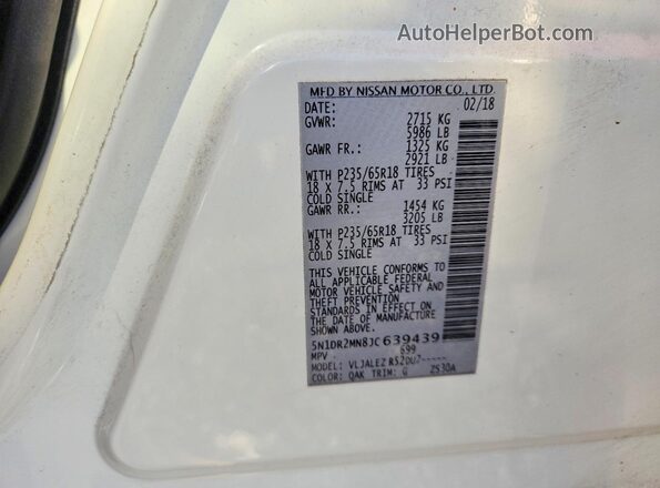 5N1DR2MN8JC639439 2018 NISSAN PATHFINDER White Vista de la etiqueta del VIN