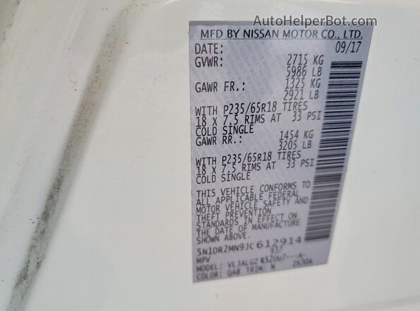 5N1DR2MN9JC612914 2018 NISSAN PATHFINDER White VIN sticker view