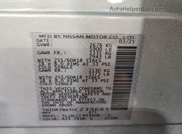 5N1DR3BA3SC239683 2025 NISSAN PATHFINDER Silver Widok naklejki z numerem VIN