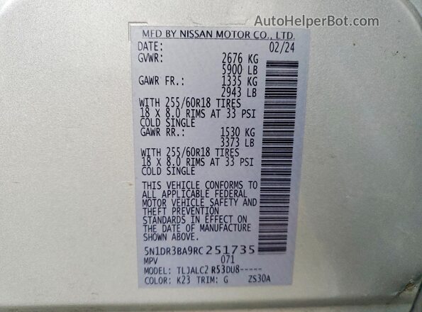5N1DR3BA9RC251735 2024 NISSAN PATHFINDER Серебряный Вид наклейки с VIN-кодом