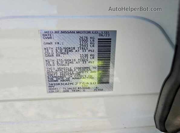 5N1DR3CA2PC276410 2023 NISSAN PATHFINDER Белый Вид наклейки с VIN-кодом