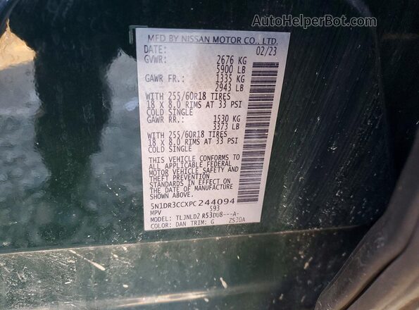 5N1DR3CCXPC244094 2023 NISSAN PATHFINDER Зеленый Вид наклейки с VIN-кодом