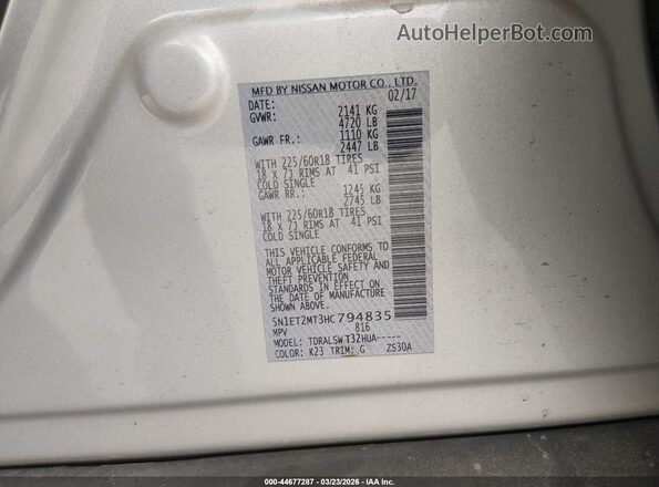 5N1ET2MT3HC794835 2017 NISSAN ROGUE HYBRID Silver Vista del compartimento del motor
