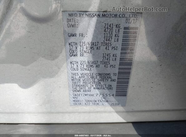 5N1ET2MTXHC775554 2017 NISSAN ROGUE HYBRID Silver Vista del compartimento del motor