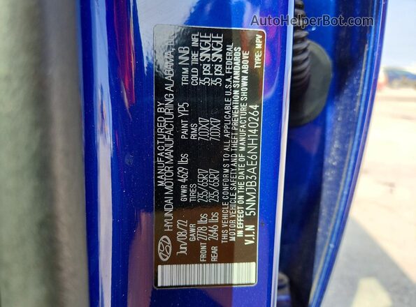 5NMJB3AE6NH140264 2022 HYUNDAI TUCSON Blue Vista del compartimento del motor