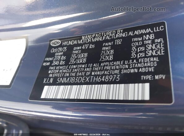 5NMJB3DEXTH648973 2026 HYUNDAI TUCSON Dark Blue Вид подкапотного пространства