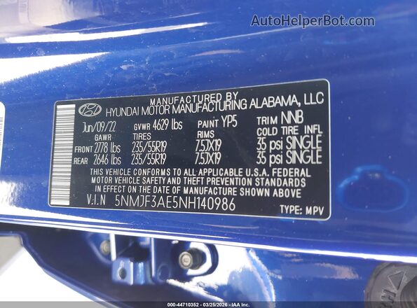 5NMJF3AE5NH140986 2022 HYUNDAI TUCSON Blue Widok komory silnika
