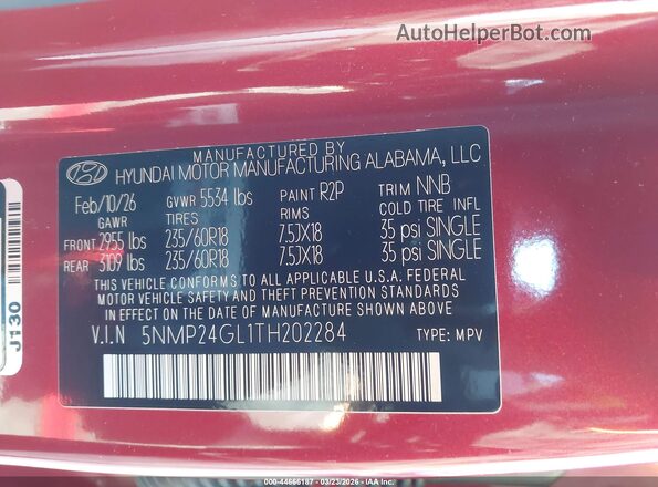 5NMP24GL1TH202284 2026 HYUNDAI SANTA FE Красный Вид подкапотного пространства