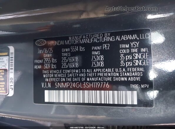 5NMP24GL3SH119776 2025 HYUNDAI SANTA FE Серый Вид подкапотного пространства