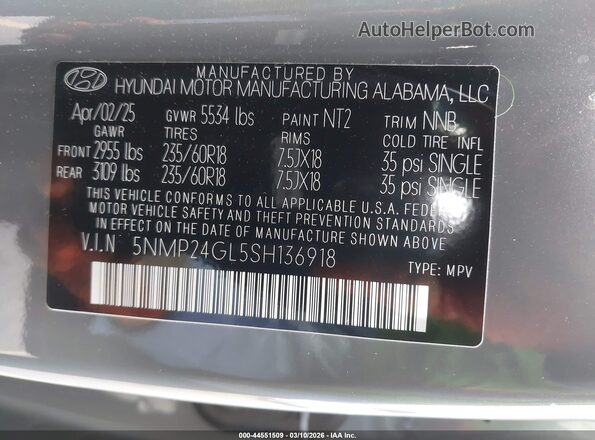 5NMP24GL5SH136918 2025 HYUNDAI SANTA FE Серый Вид подкапотного пространства