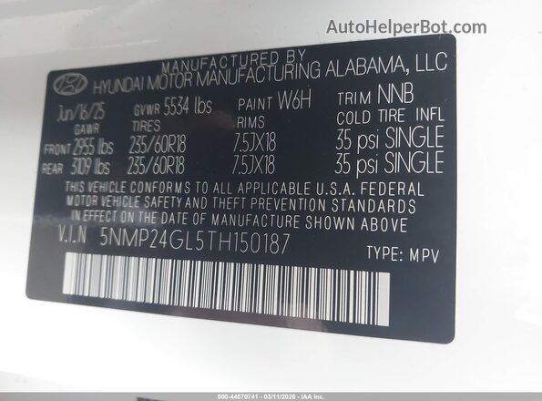 5NMP24GL5TH150187 2026 HYUNDAI SANTA FE White Engine compartment view