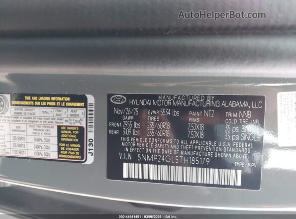 5NMP24GL5TH185179 2026 HYUNDAI SANTA FE Gray Vista del compartimento del motor