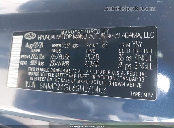 5NMP24GL6SH075403 2025 HYUNDAI SANTA FE Blue Engine compartment view