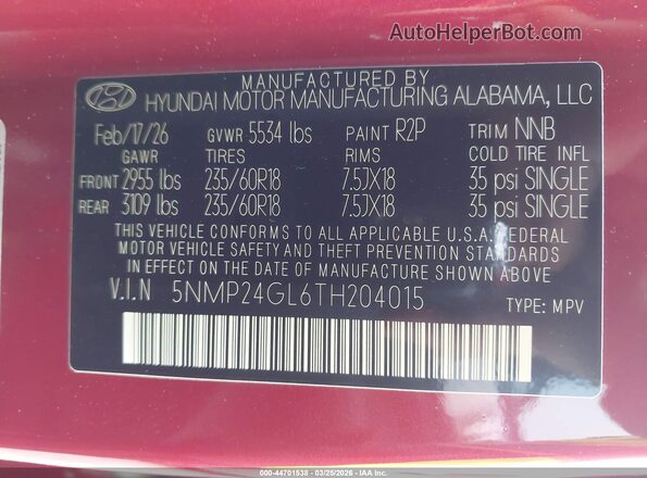 5NMP24GL6TH204015 2026 HYUNDAI SANTA FE Red Vista del compartimento del motor